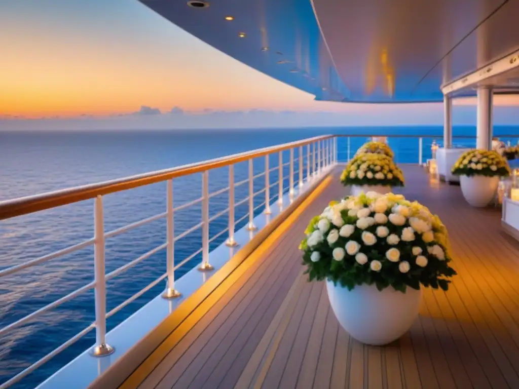 Un elegante atardecer en un lujoso crucero, perfecto para bodas y aniversarios en cruceros