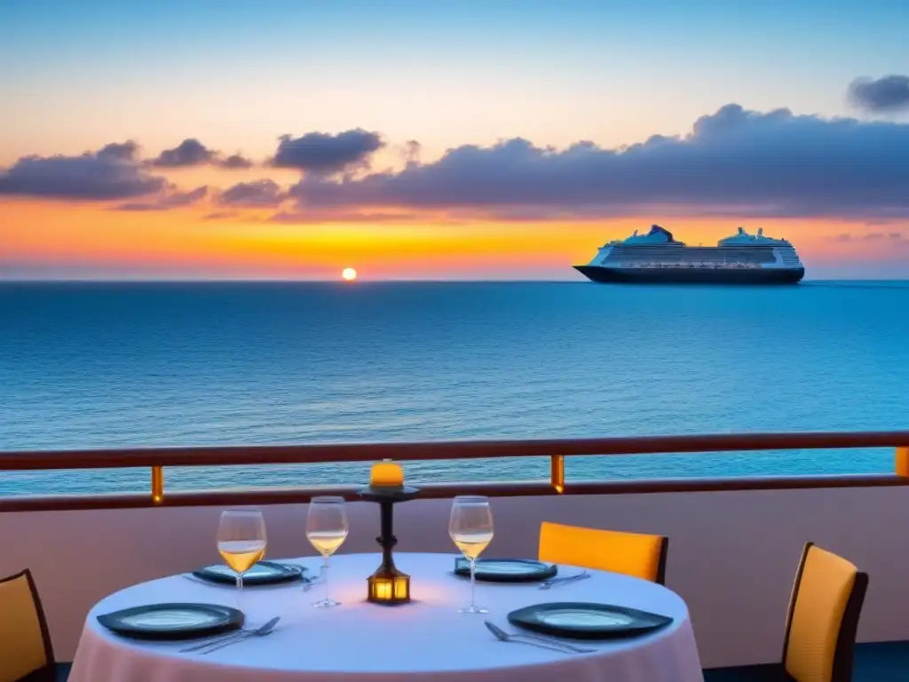 Un elegante atardecer sobre el mar con un crucero al fondo, ideal para vinos para cena temática crucero