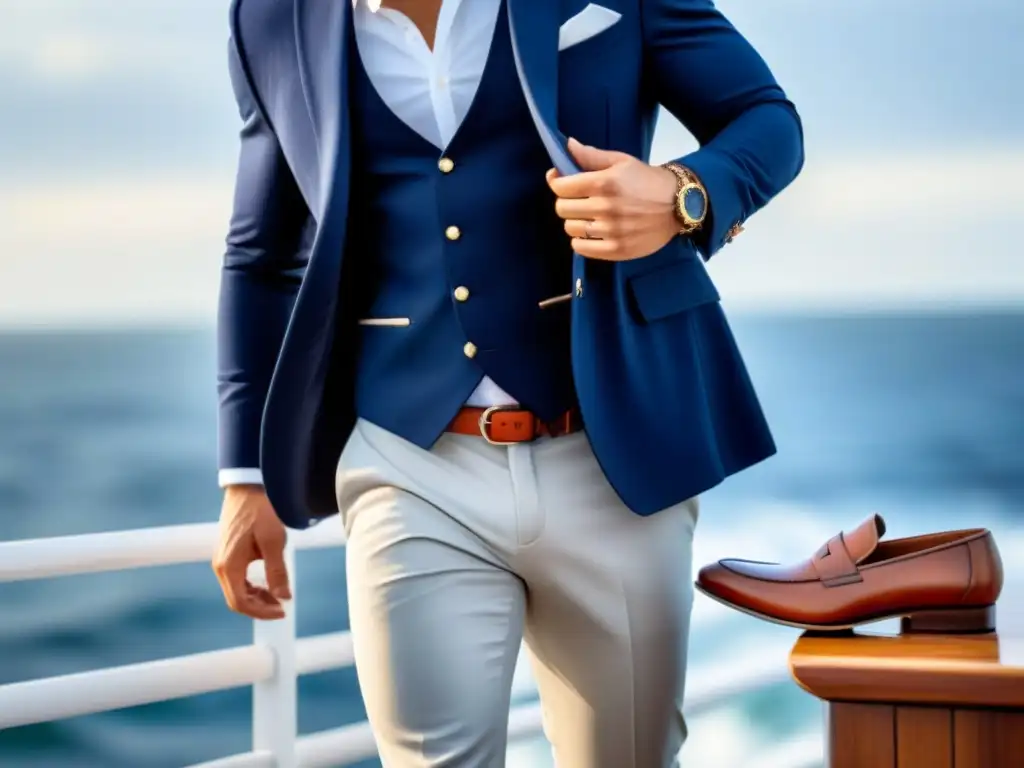 Un elegante atuendo para eventos marítimos: blazer azul, camisa blanca, pantalón gris y mocasines marrones, con elementos náuticos de fondo