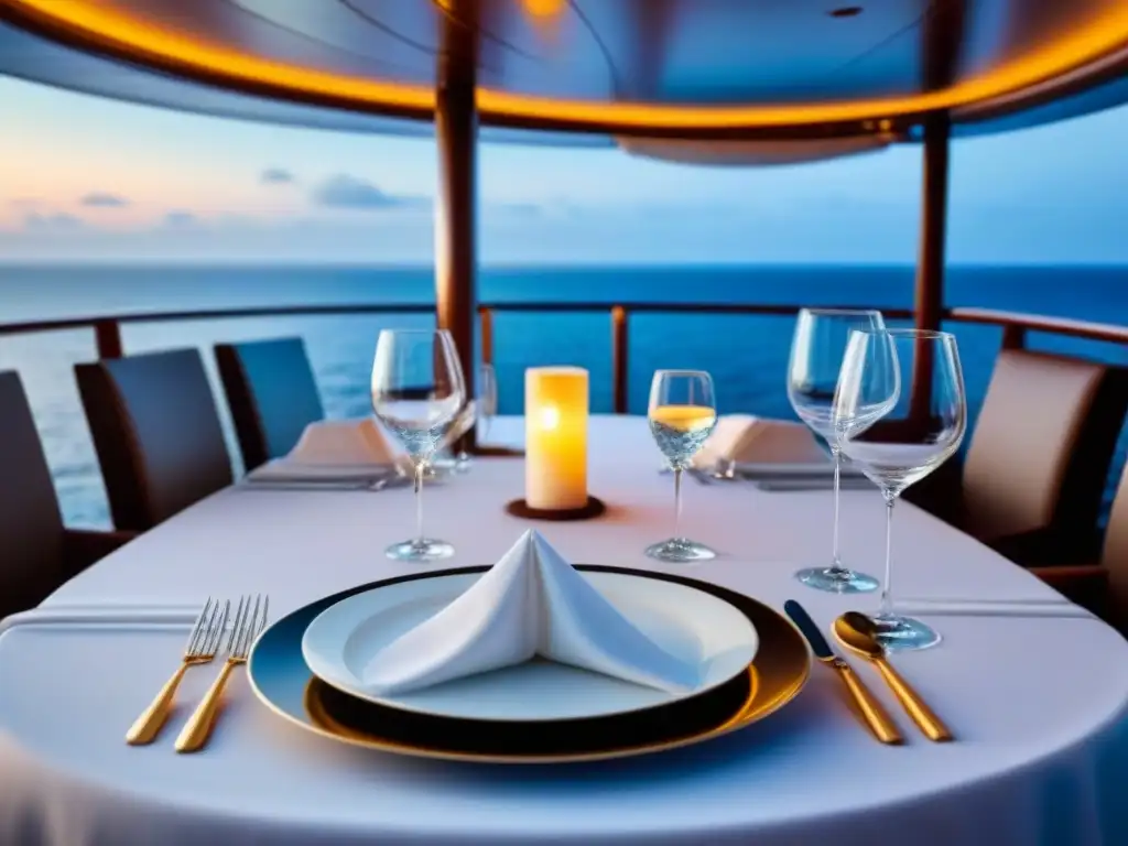 Un elegante banquete en un crucero de lujo, con cristalería brillante, cubiertos pulidos y mantel blanco ondeando suavemente al viento marino