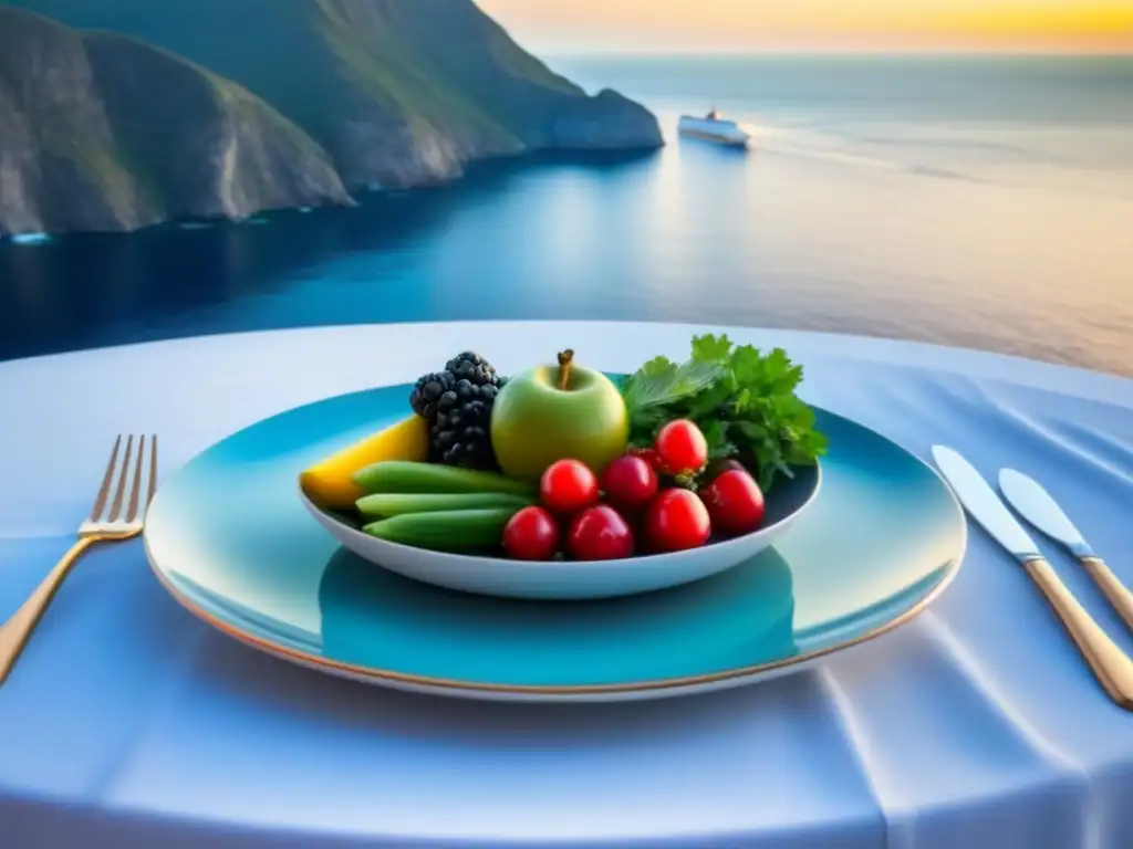 Un elegante banquete de frutas y verduras frescas en un crucero, con un cielo azul y mar tranquilo