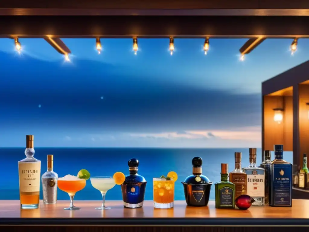 Un elegante bar de cócteles bajo el cielo marino estrellado, con botellas de licores y frutas frescas