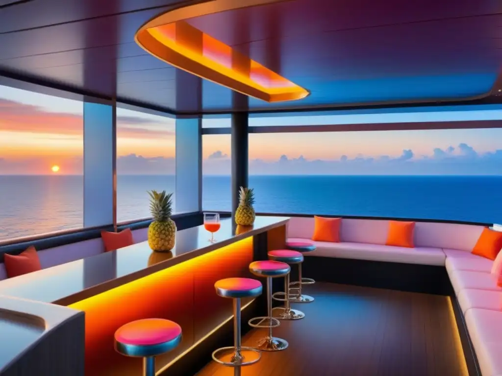 Elegante bar de cócteles en crucero de lujo con atardecer vibrante y sofisticación, ideal para cursos de mixología en crucero