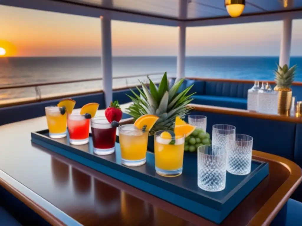 Un elegante bar de cocteles en un crucero de lujo al atardecer