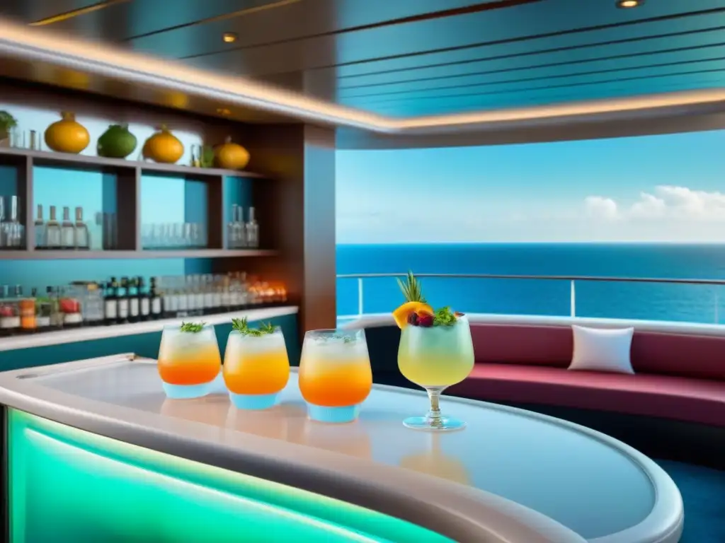 Un elegante bar de cócteles en un crucero de lujo, con vista al mar y una variedad de ingredientes frescos