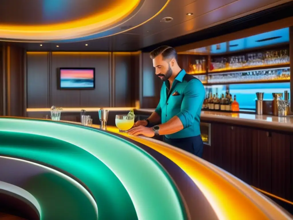 Un elegante bar de cócteles en un lujoso crucero, cursos de mixología en crucero