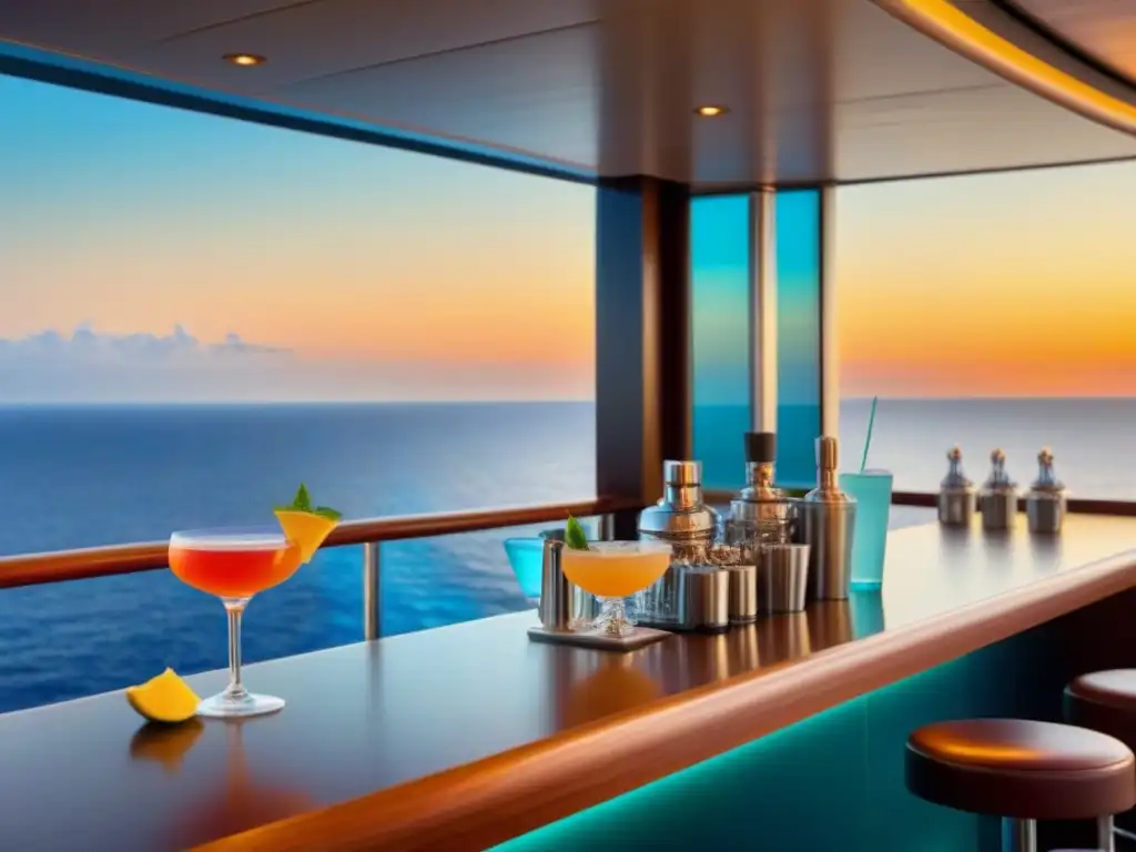 Cocktails de lujo al atardecer en crucero Un elegante bar de crucero al atardecer con cócteles coloridos y cristalería, perfecto para cursos de mixología en vacaciones en cruceros