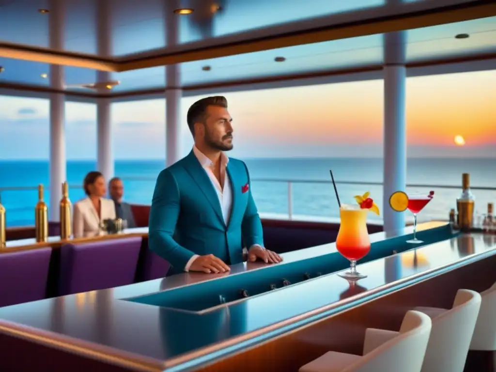 Un elegante bar en un crucero al atardecer, con mixólogo preparando cócteles