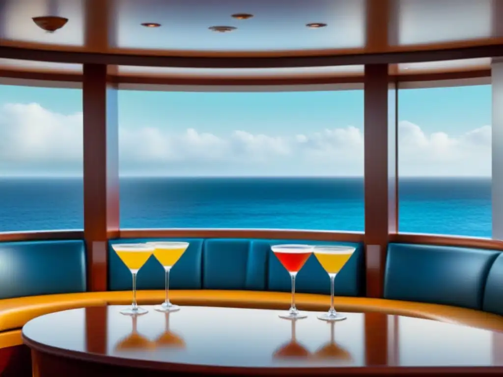 Bar de crucero: lujo y exotismo en cada copa Un elegante bar de crucero con bebidas icónicas y destinos exóticos al fondo, invitando a descubrir historias detrás de bebidas icónicas en cruceros