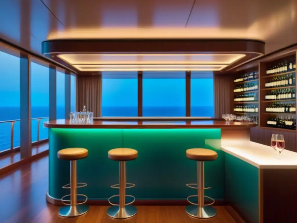 Elegante bar de crucero con cata de vinos en un ambiente sereno y elegante, iluminado por cálida luz al atardecer