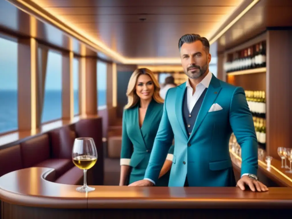 Un elegante bar de crucero con catas de vinos en un ambiente exclusivo y sofisticado