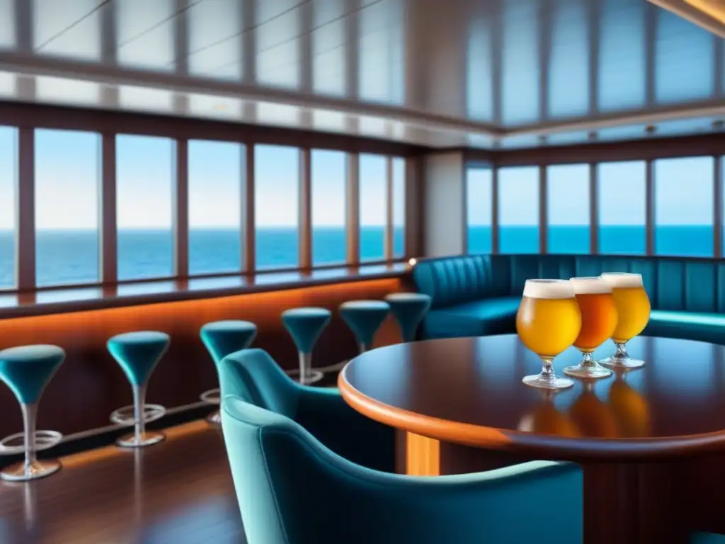 Un elegante bar de crucero con cerveza artesanal en copas de lujo, iluminado suavemente