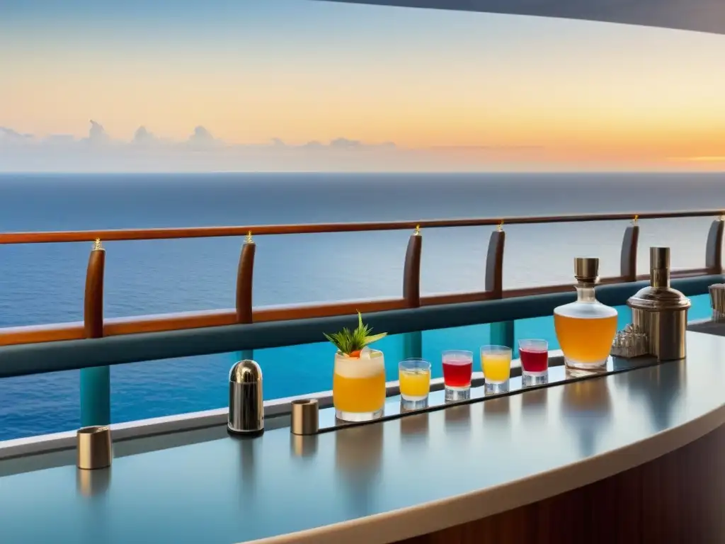 Un elegante bar de crucero con clases de mixología en cruceros, mostrando lujo y sofisticación al atardecer en alta mar