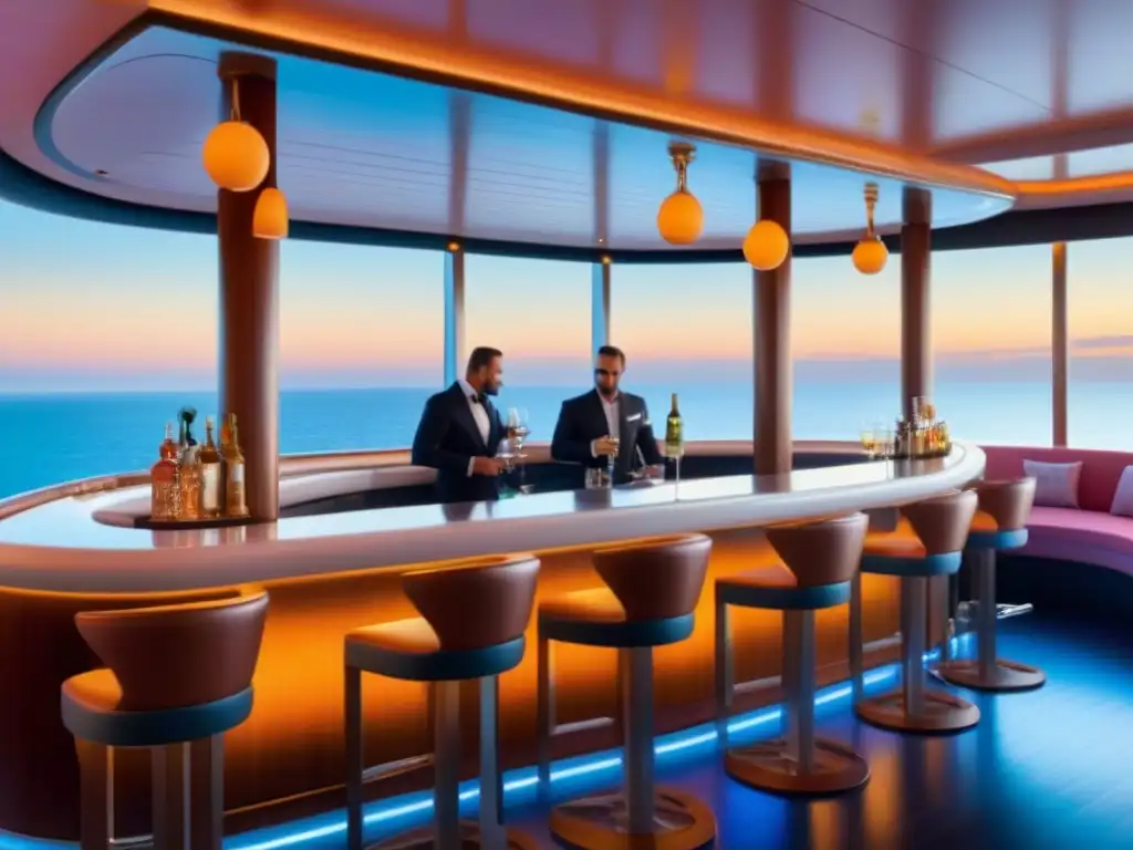 Elegante bar de crucero con cócteles bajo el cielo marino al atardecer