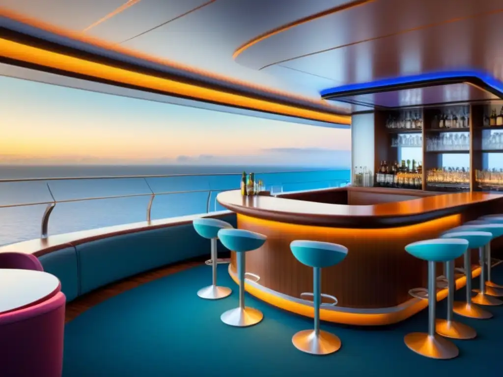 Bar de crucero moderno: diseño minimalista y sofisticado Un elegante bar de crucero con diseño minimalista y vistas al mar, donde se crean historias detrás de bebidas icónicas