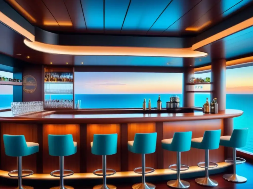 Un elegante bar de crucero con historia bebidas emblemáticas cruceros en un ambiente lujoso frente al mar al atardecer