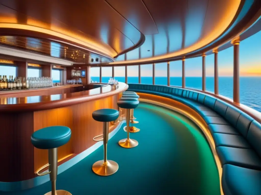 Un elegante bar de crucero durante la hora dorada, con copas de cóctel, una barra de madera y vistas al atardecer sobre el mar