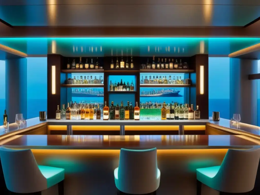 Elegante bar de crucero con mixología en cruceros de lujo, botellas alineadas y luz ambiental suave