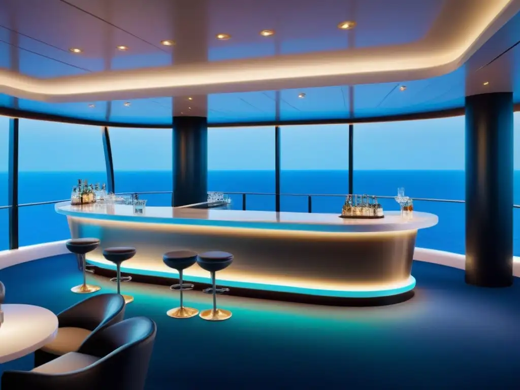 Un elegante bar de crucero con vista al mar, bañado en luz ambiental