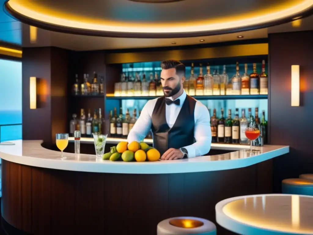 Un elegante bar de mixología en un lujoso crucero