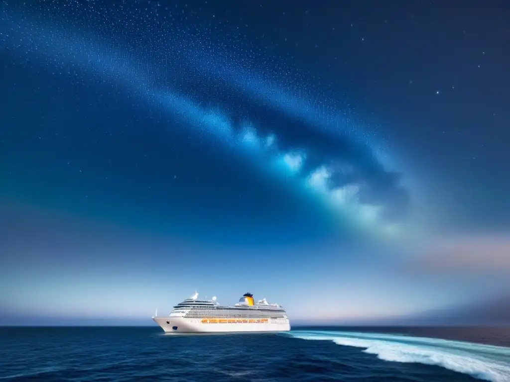 Un elegante barco de crucero surcando olas digitales bajo un cielo estrellado, con una constelación en forma de brújula, simbolizando la navegación digital en el mar