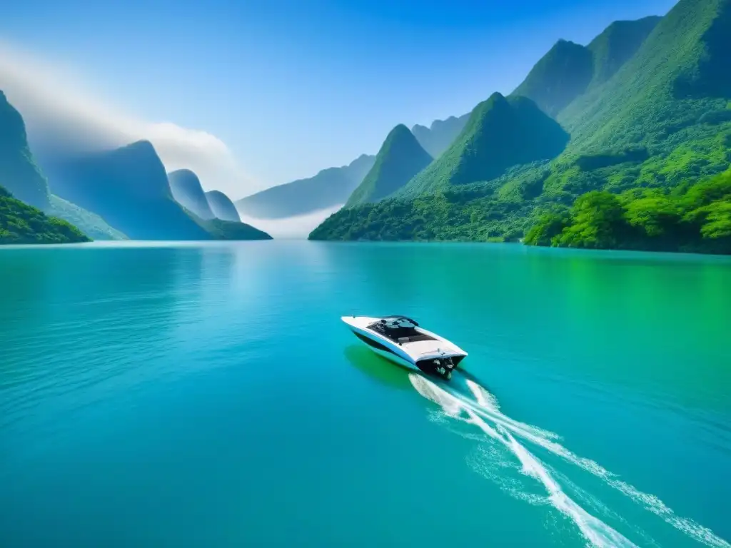 Un elegante barco eléctrico navegando en aguas cristalinas, rodeado de montañas verdes bajo un cielo azul claro