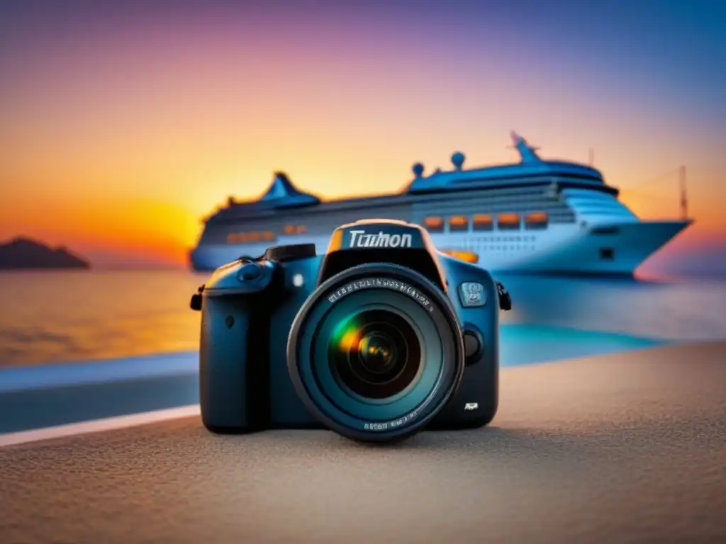 Cámara moderna junto a un crucero de lujo al atardecer Un elegante barco de lujo surca aguas cristalinas al atardecer, con una moderna cámara en primer plano