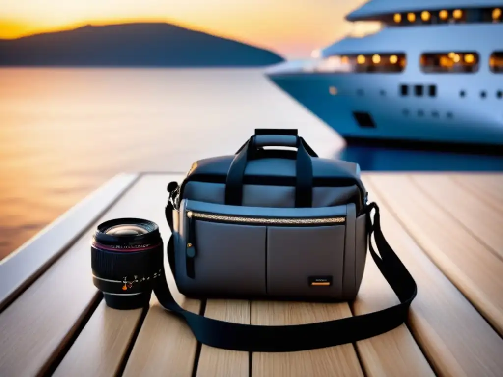 Una elegante bolsa para cámara en cubierta de crucero, perfecta para accesorios fotografía cruceros marítimos