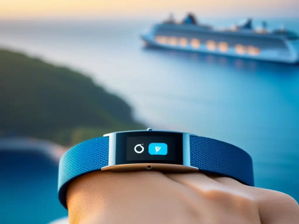 Un elegante brazalete inteligente con el símbolo de pago digital, frente a un crucero en el mar