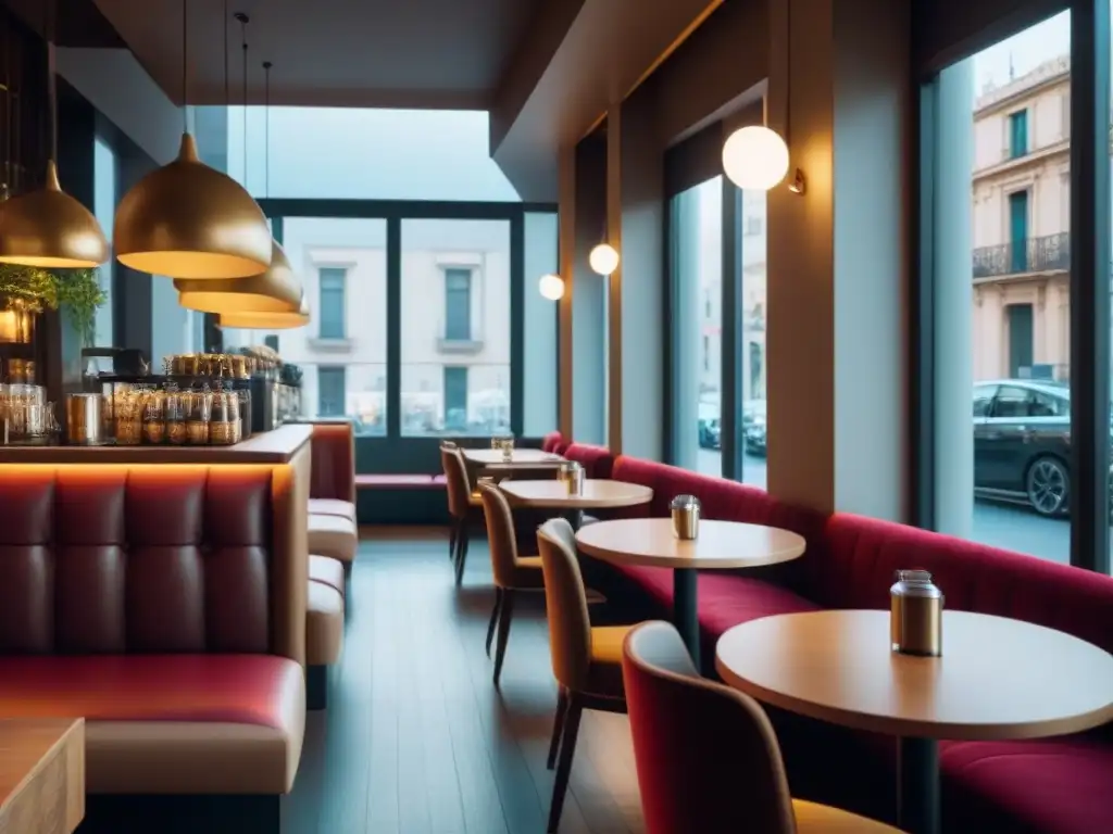 Un elegante café de lujo en Barcelona, con muebles modernos, iluminación suave y ventanales con vista a la bulliciosa calle