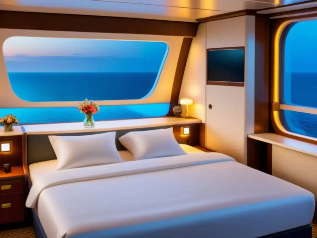 Un elegante camarote de crucero con diseño moderno, cama king size, iluminación cálida y vista al mar al atardecer