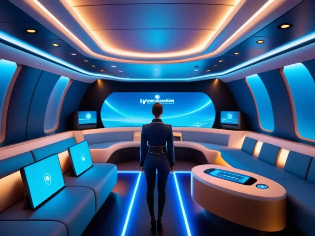 Un elegante camarote de crucero futurista con asistente virtual de inteligencia artificial, tecnología de lujo en azules y metálicos