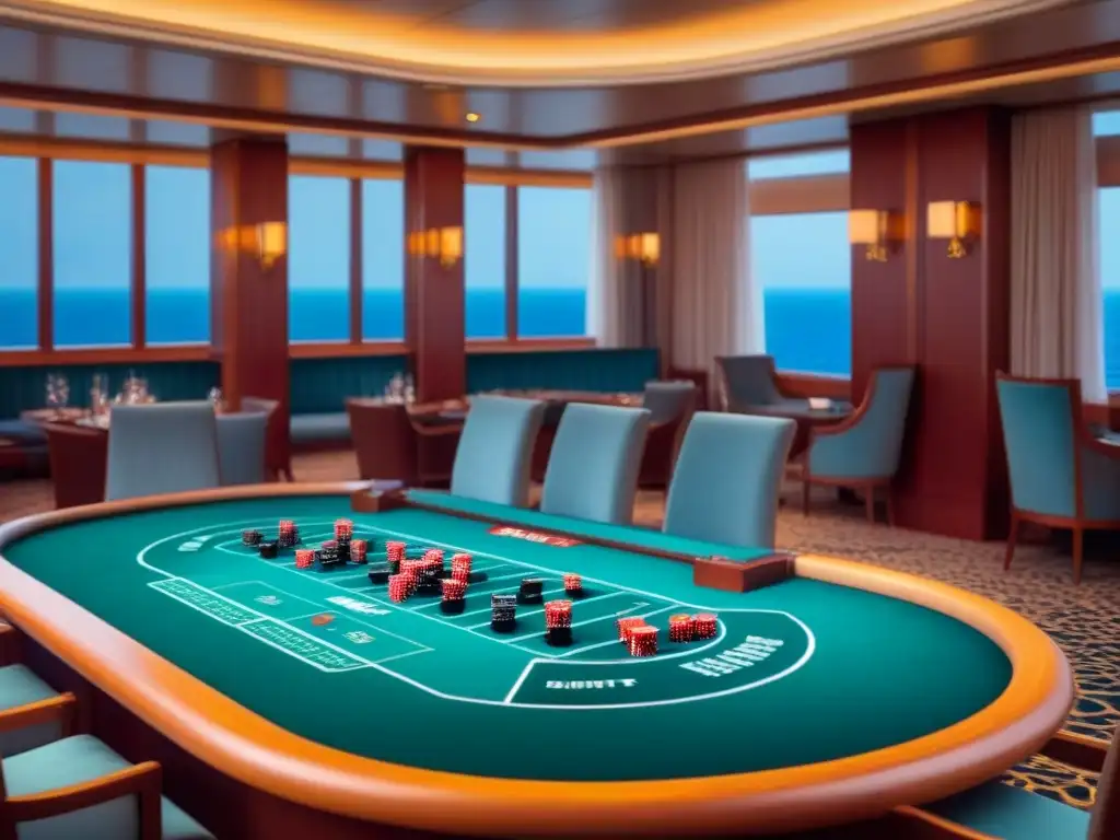 Un elegante casino en un crucero de lujo, con decoración lujosa y vistas al océano a través de ventanales