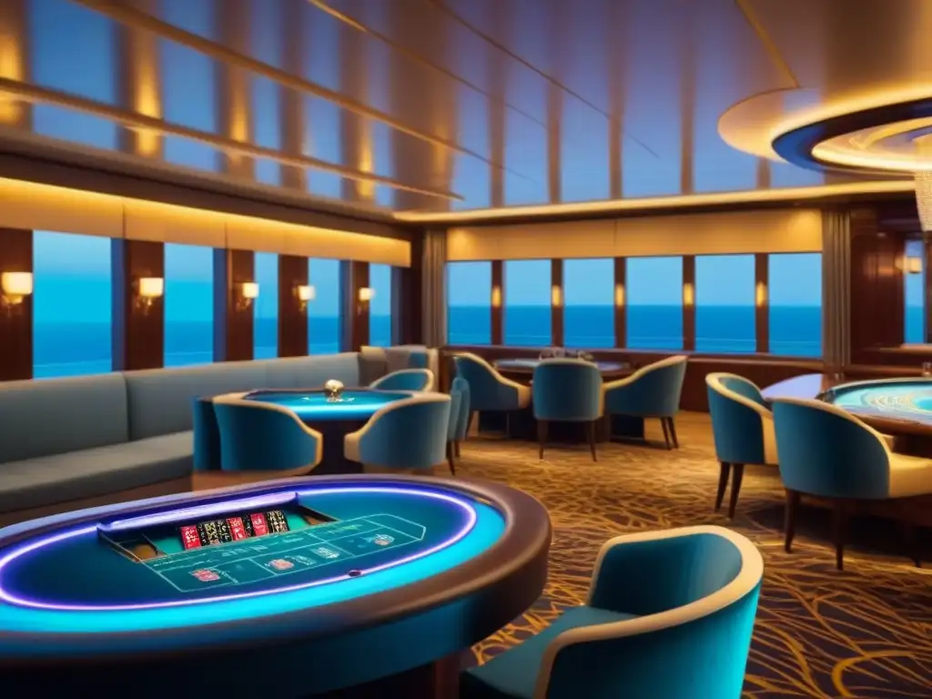 Un elegante casino en cruceros de lujo: sofisticación y opulencia en un ambiente glamuroso de azules, dorados y negros