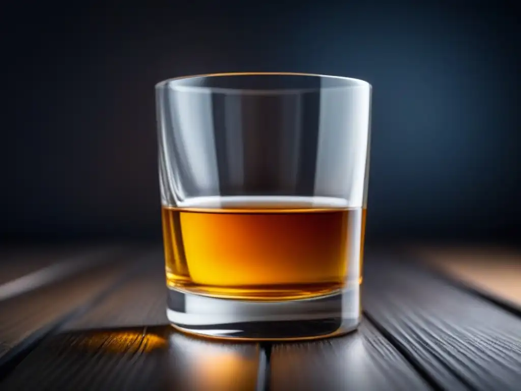 Una elegante cata de whisky en cruceros: copa de whisky en madera oscura, iluminación cálida y líquido ámbar brillante