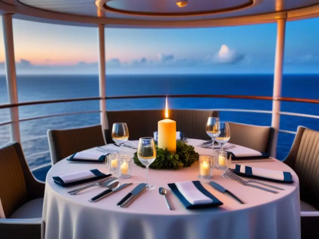 Una elegante cena al aire libre en crucero bajo estrellas, con mesa finamente decorada y vista al mar