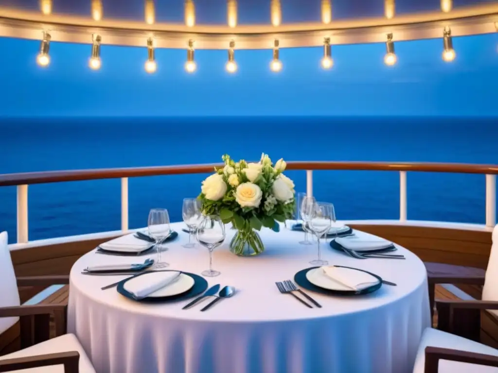 Una elegante cena al aire libre en la cubierta de un crucero de noche, con luces brillantes y vista al mar