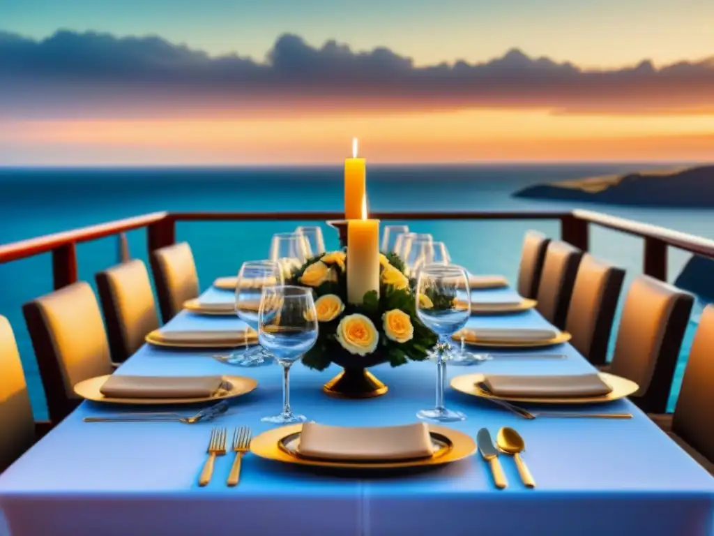 Una elegante cena al atardecer en un lujoso crucero, con mesa decorada y ambiente romántico