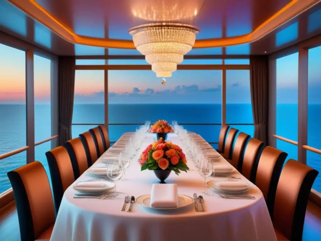 Elegante cena temática en crucero marítimo, decoración lujosa con vista al mar al atardecer