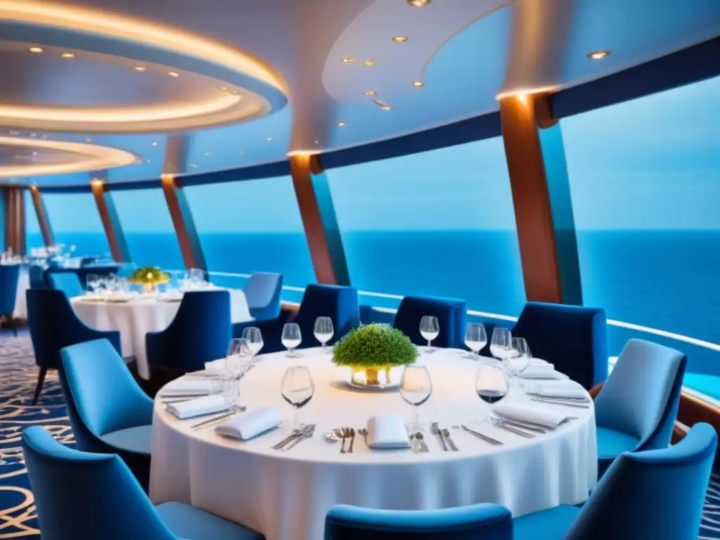 Elegante cena temática en lujoso comedor de crucero, con diseño moderno y vista al mar