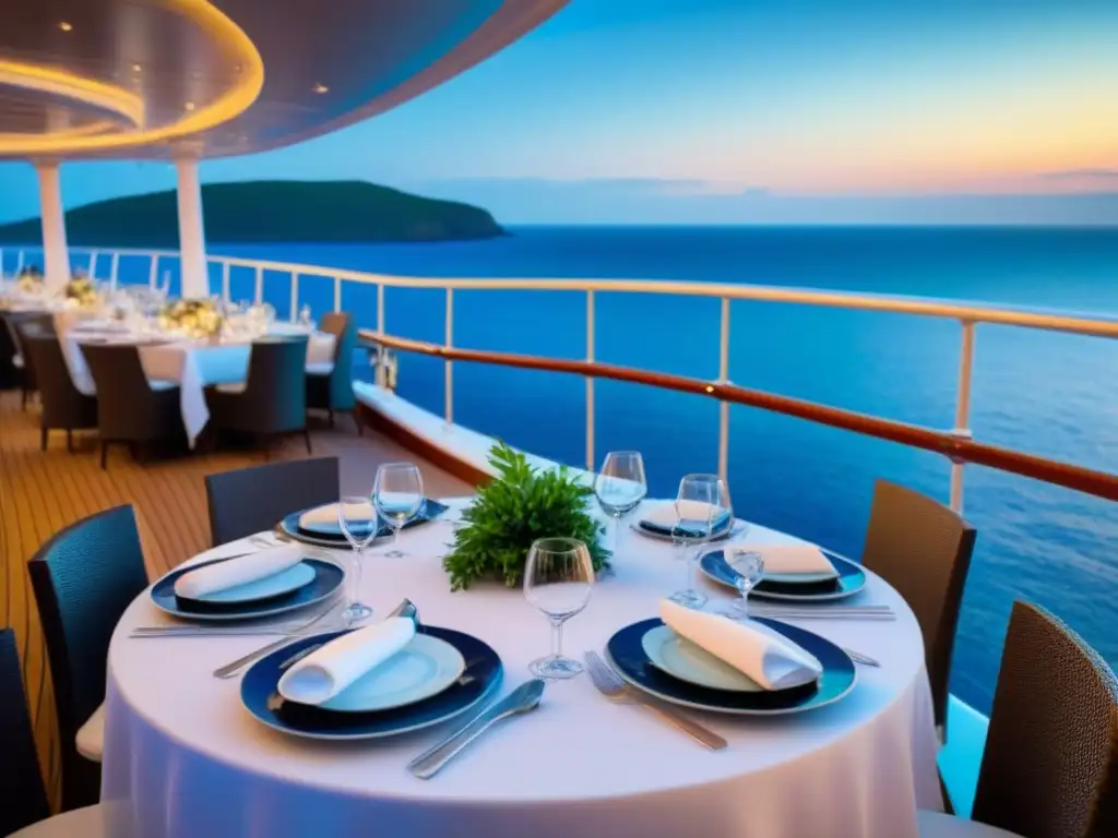 Un elegante comedor al aire libre en un crucero de lujo al atardecer, rodeado de verdor y con vista al mar