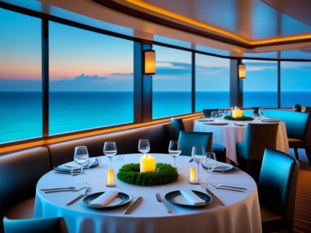 Un elegante comedor de crucero con ajustes refinados, una vela encendida y vista al mar