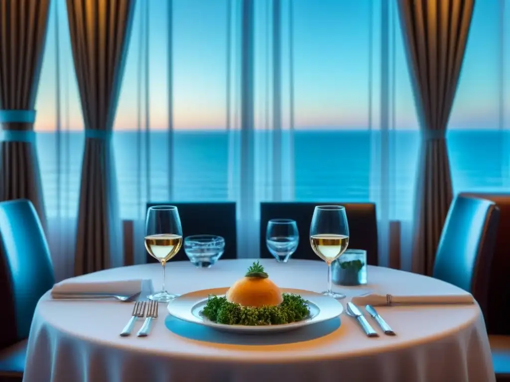 Elegante comedor de crucero en blanco con vajilla brillante y plato sin gluten