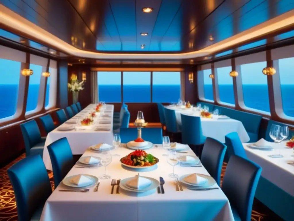 Elegante comedor de crucero con cocina internacional en un lujoso ambiente marítimo