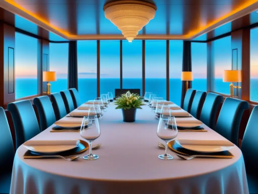 Un elegante comedor de crucero con Alimentación consciente en cruceros, iluminación suave y vista al mar