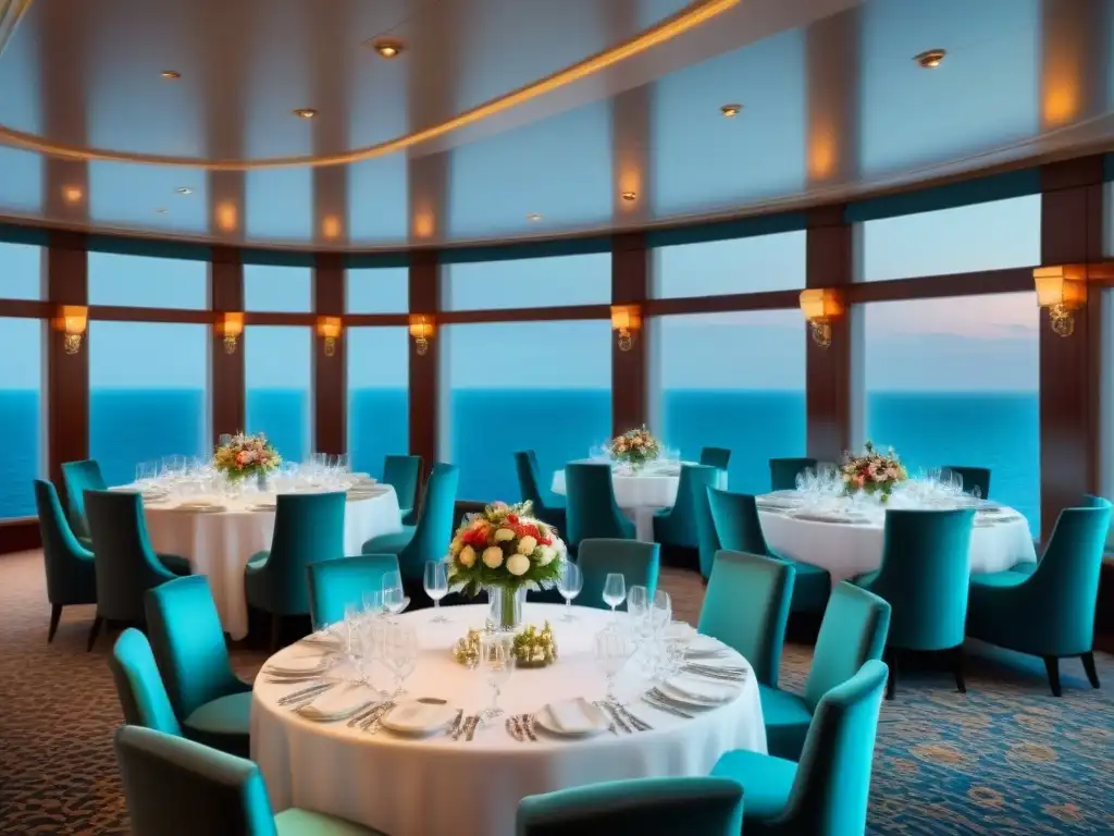 Un elegante comedor de crucero con decoración refinada y vistas al mar