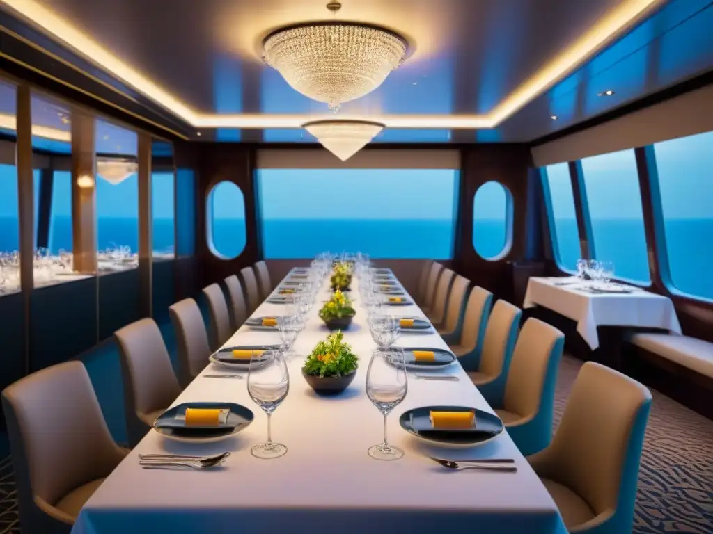 Un elegante comedor de crucero con exquisitas presentaciones culinarias y un ambiente lujoso