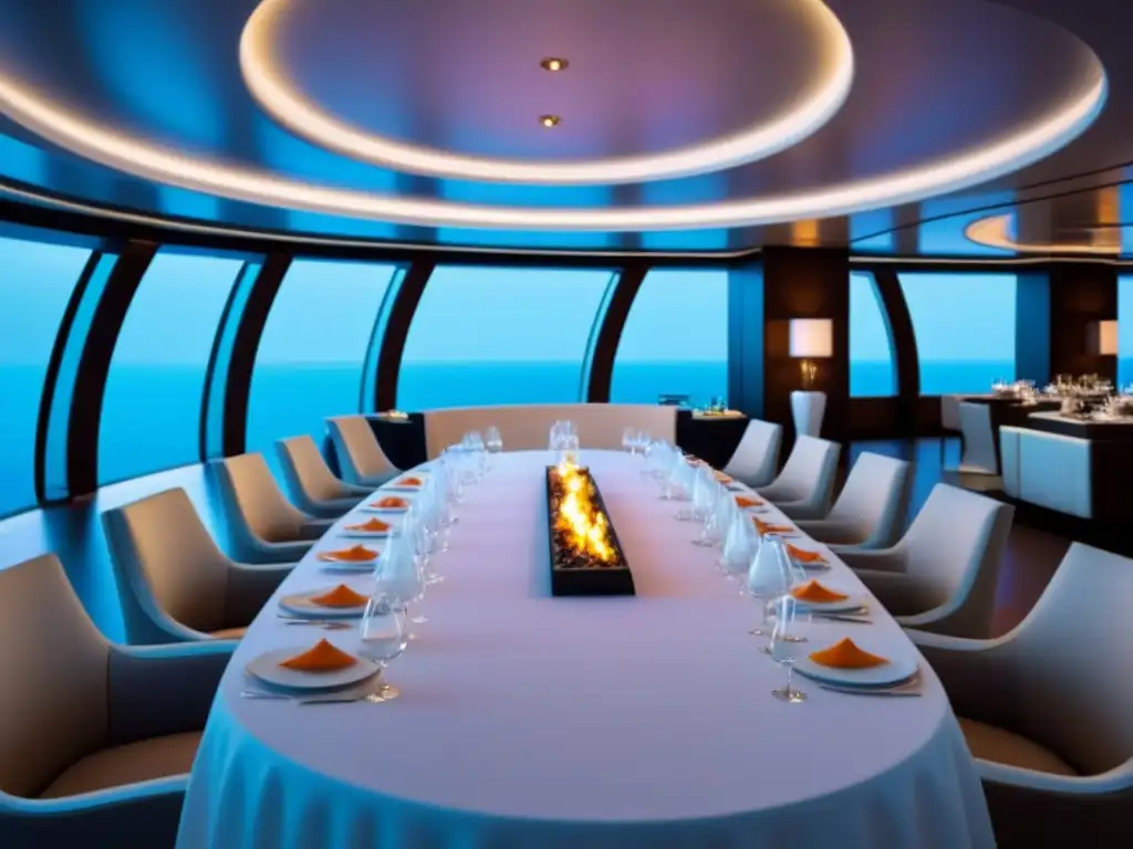 Un elegante comedor de crucero futurista con mesas blancas curvas, iluminación ambiental y innovaciones culinarias en cruceros