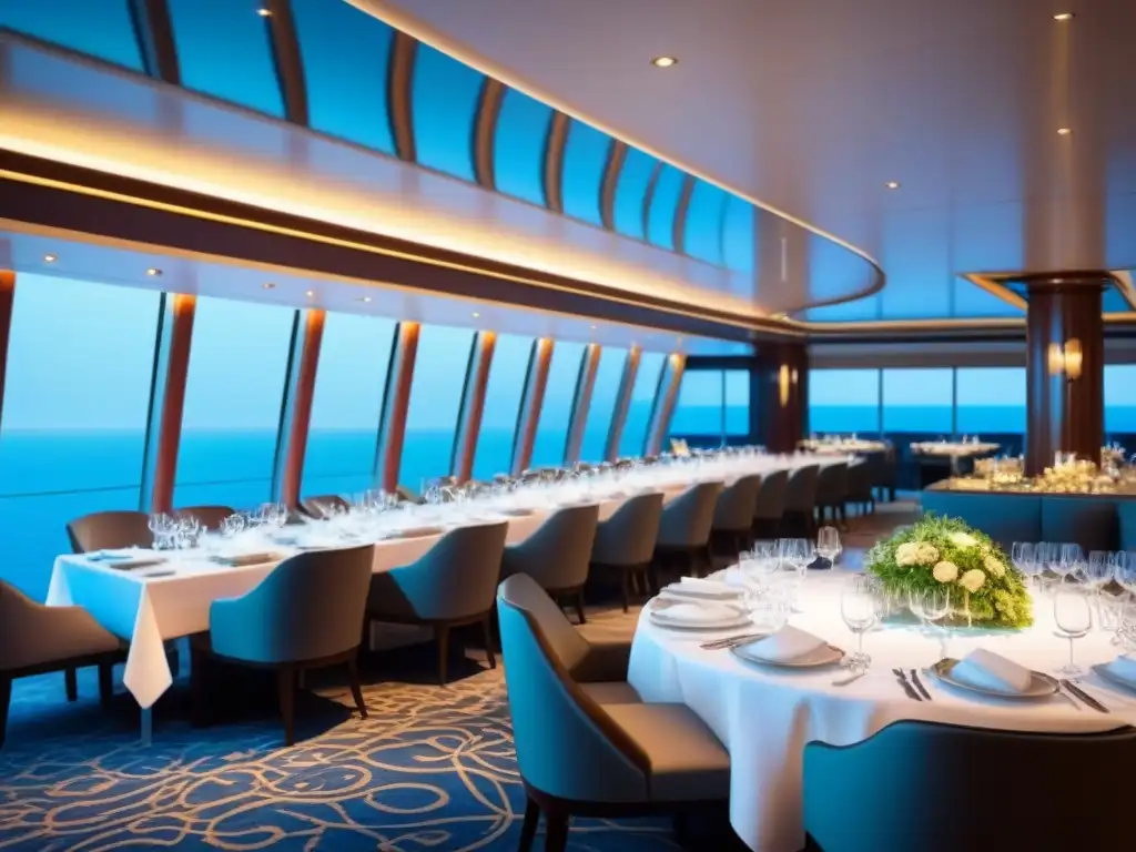 Elegante comedor de crucero con gastronomía refinada y vistas al mar