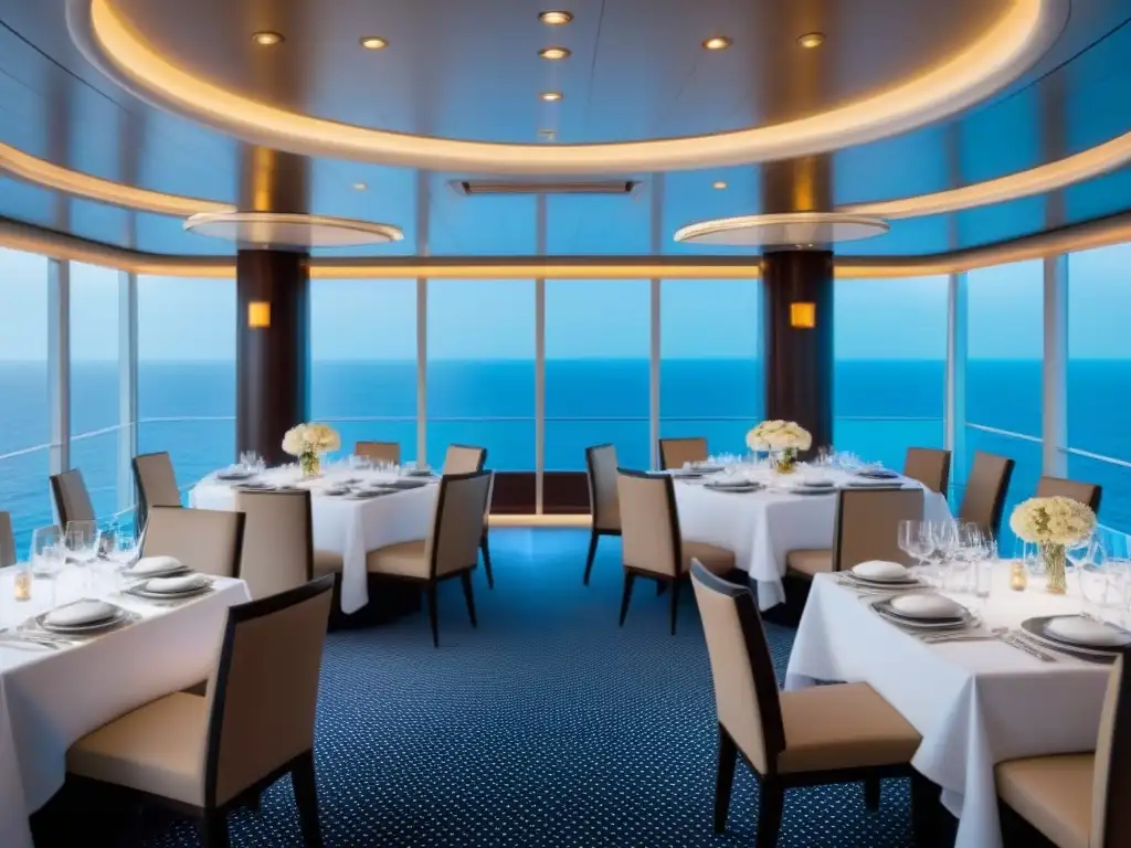 Elegante comedor de crucero con innovaciones culinarias en alta mar